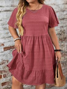 SHEIN LUNE 大码夏季纯色纹理荷叶边下摆休闲度假连衣裙、西装、节日波西米亚嬉皮女牛仔装老钱波西米亚风 - 藕粉色 - 查看 1