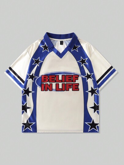 Prep Men's Jersey Loose Fit Polo Football Jersey Style Shirt, Casual Simple Fashion For Daily Wear