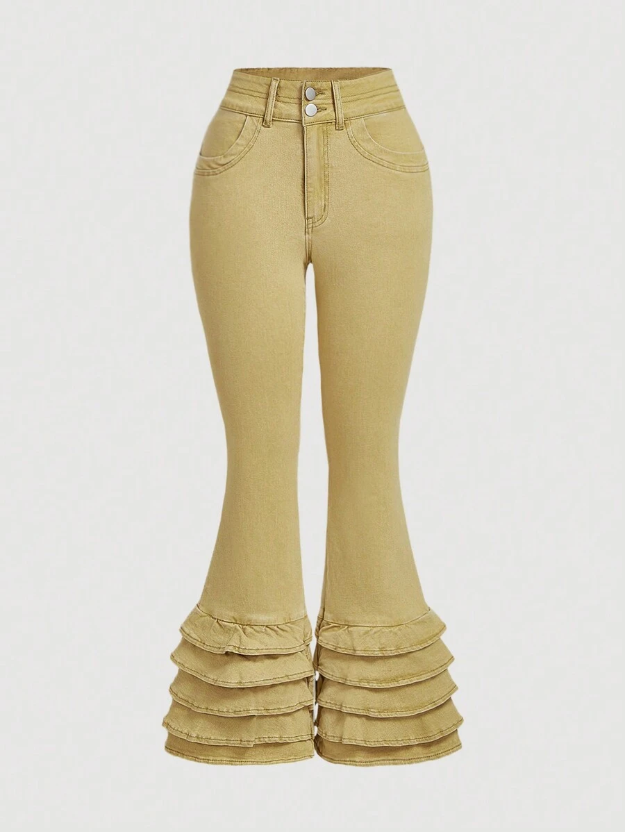 TrendSteals Women's Solid Color Front Button Pocket Simple Casual Jeans - Yellow - View 1
