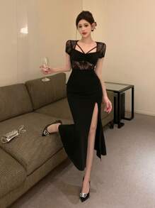 DAZY Váy cocktail midi xẻ tà xẻ cao bằng ren mỏng chắp vá cho nữ, thích hợp cho buổi tối hẹn hò, dạ hội, thanh lịch - màu đen - Xem 4