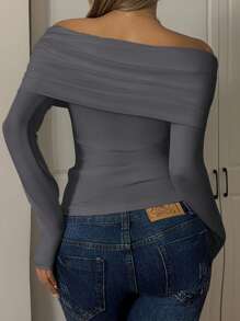 CovetEZ Women's Casual Minimalist Gray Off Shoulder Ruched Slim Fit T-Shirt - Grey - View 2