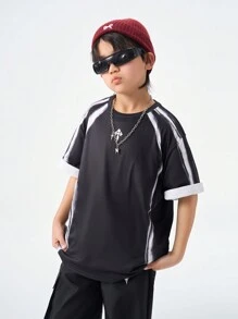 SHEIN T-shirt mode à rayures à manches courtes et col rond pour adolescents au printemps/été - Noir - Voir 1