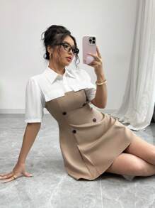Elenzga Women's Front Button Short Sleeve Minimalist Color Block 2 In 1 Shirt Dress - Khaki - View 7