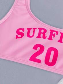 SHEIN 4pcs Tween Girl Colorblock Patchwork Simple Casual Swimwear (Printed Placement) Summer Holiday - Pink - View 6