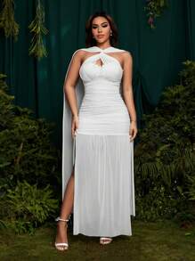 SHEIN Belle Vestido de estilo francés de cuello halter - Parche de malla, volantes, ajustado, espalda descubierta, largo, vestido elegante de vacaciones - Blanco - Ver 5