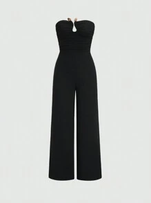 Sweetra Y2K 性感褶皱抹胸休闲 U 领纽扣连体裤 - 黑色 - 查看 3