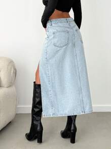 EURMUSE HIGH WAIST SIDE SLIT MIDI SKIRT LIGHT WASH - Light Wash - View 2