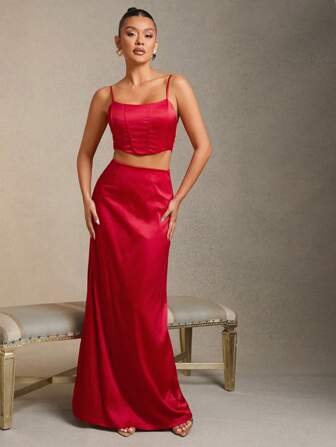 L'Amorae 优雅缎面紧身胸衣镂空长裙、婚礼宾客礼服、女士春夏装