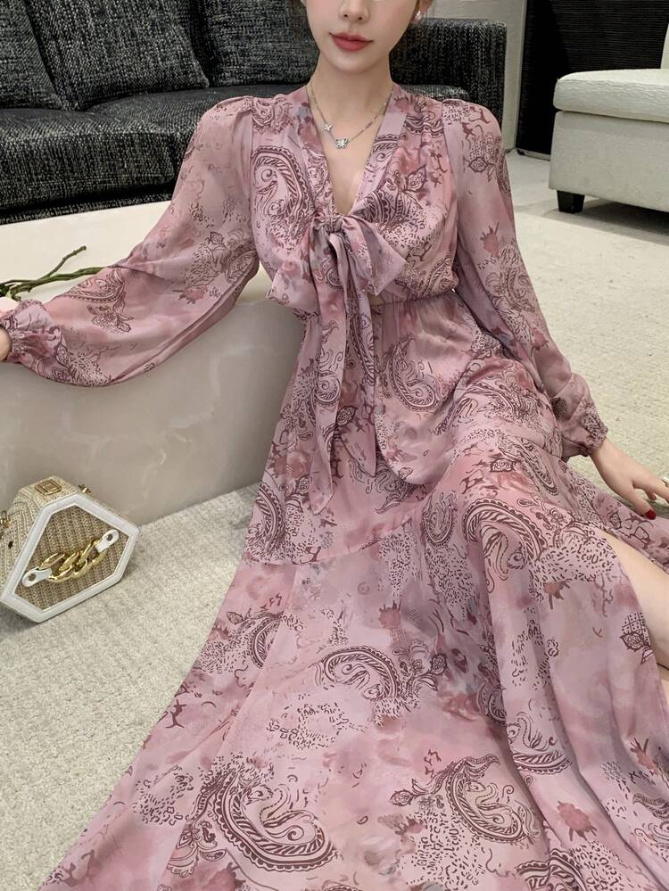 Women's Floral Print Tie Waist Split Mid-Length Dress, Fuchsia, Spring/Summer/Fall 90s Clothes Long Sleeve Dress Maxi Dress