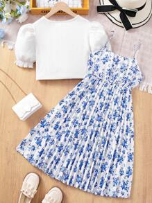 Conjunto de 2 piezas para niñas preadolescentes con blusa de manga corta en color liso y vestido camisola con estampado floral diminuto