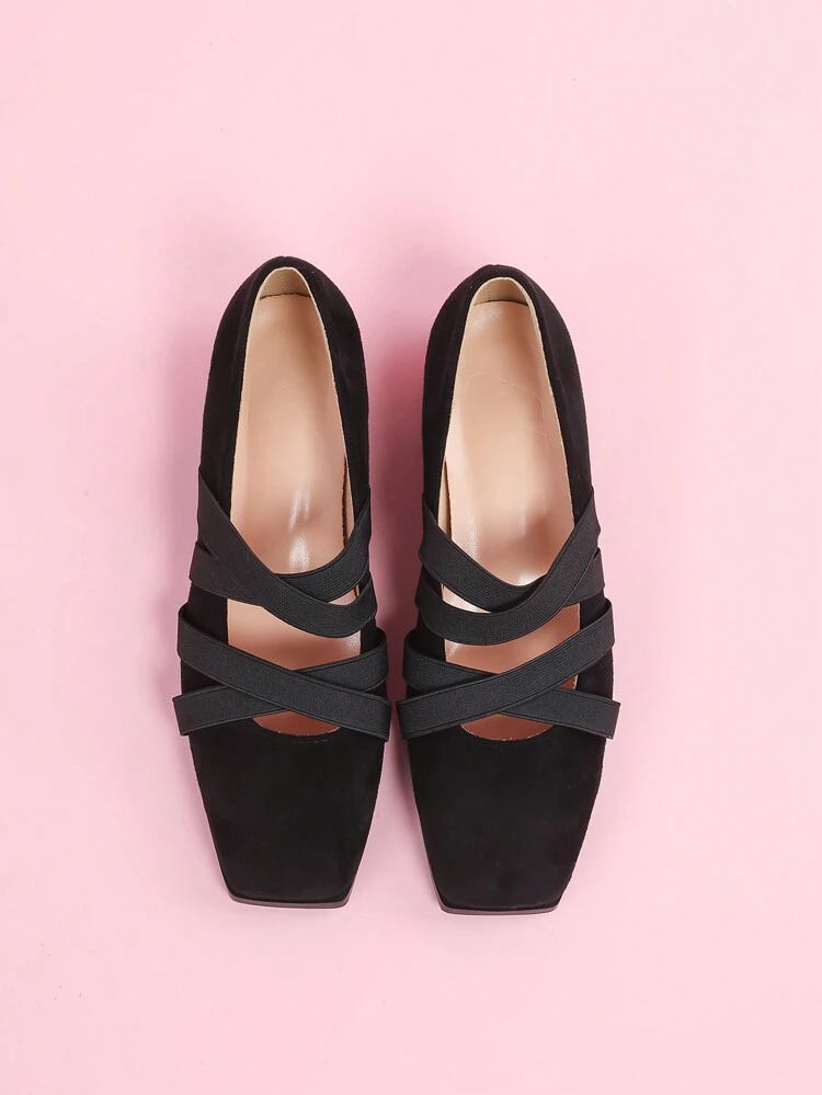 CUCCOO DOLLMOD 여성 3D 크리스 크로스 스트랩 탄성 고어 디자인 귀여운 캐주얼 통근용 발레 플랫 스퀘어 토 낭만적 달콤한 블랙 스웨이드 슬립온 로퍼 데이트, 애프터눈 티, 파티, 마리 제인 신발 발렌타인데이용