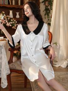Côtesoire Robe de nuit élégante et simple en satin à col ouvert avec blocs de couleurs pour femmes