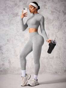 SHEIN Sport Studio Seamless Zipper Front Long Sleeve 3/4 Leggings / Yoga / Sports / High Waist Figure Shapingwomen Workout Set