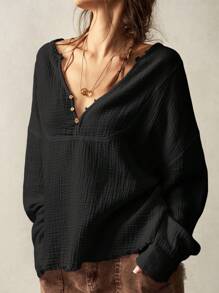 Bohemela 女士度假宽松 V 领落肩长袖编织纯色衬衫