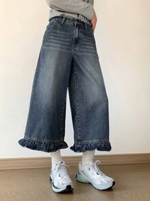 DAZY Women's Ruffled Hem Cropped Wide Leg Jeans - Medium Wash - View 1