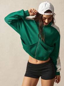 VARSITIE Long Sleeve Workout Top Women's Contrast Color Zipper Stand Collar Sports Jacket - Green - View 5