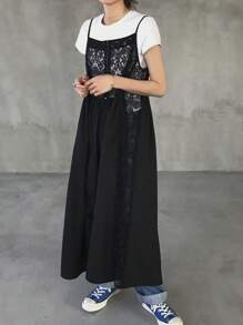 FRIFUL 女式宽松长款蕾丝拼接吊带裙，中长款太阳裙 - 黑色 - 查看 6