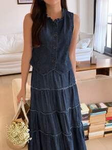 DAZY Women's Front Button Sleeveless Simple Vest And Wide-Leg Jeans Set - Dark Wash - View 1