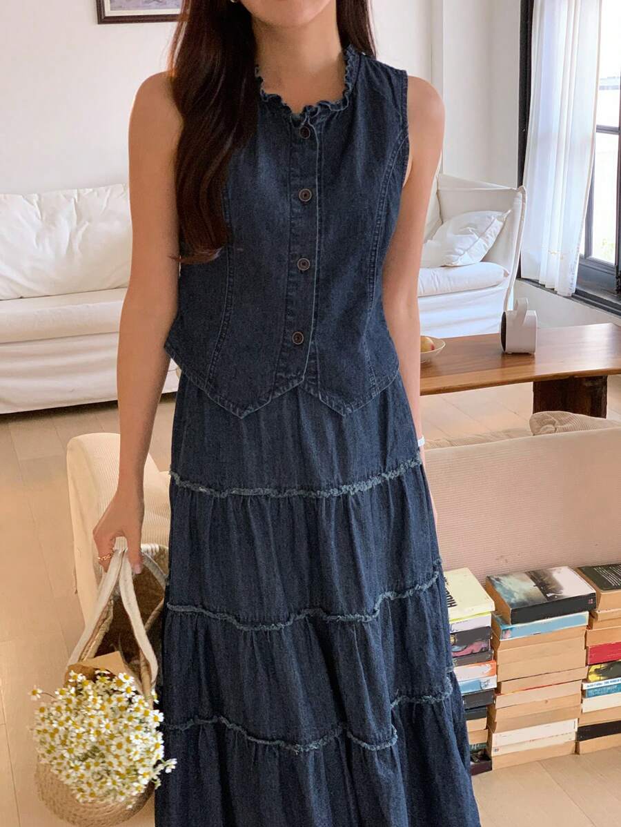 DAZY Women's Front Button Sleeveless Simple Vest And Wide-Leg Jeans Set - Dark Wash - View 1
