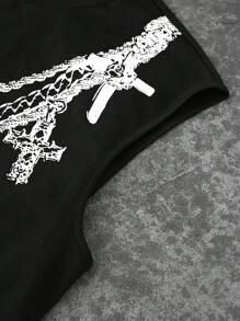 PAVTROS Manfinity Streetrush Men's Black Knitted Casual Tank Top With Unique Cross And Chain Graphic Print Regular Fit Round Neckline - Black - View 4