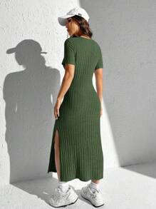SHEIN EZwear Vestido de punto acanalado con abertura lateral para el verano - Verde - Ver 2