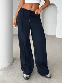 SHEIN Essnce Women Casual Solid Color Drawstring Waist Sweatpants, Versatile - Navy Blue - View 1