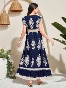 SHEIN Teen Girls Navy Blue Ruffle Sleeve A-Line Vacation Dress - Navy Blue - View 2