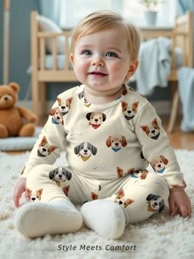 SHEIN Ensemble de pyjama pour bébé garçon avec imprimé mignon de chiot, manches longues col rond confortable et ajusté et pantalon long. Convient pour l'automne/hiver - Multicolore - Voir 1