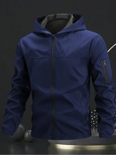 Manfinity Homme Chaqueta cortavientos con capucha y cremallera de manga larga color azul real para hombre, para el otoño