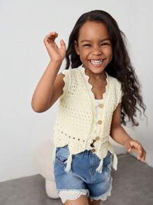 Maija Kids Maija Kids Spring/Summer Young Girl's Solid Apricot Hollow Out Crochet Sleeveless Floral Hem Casual Knit Short Cardigan, Versatile For Outdoor, Beach,
