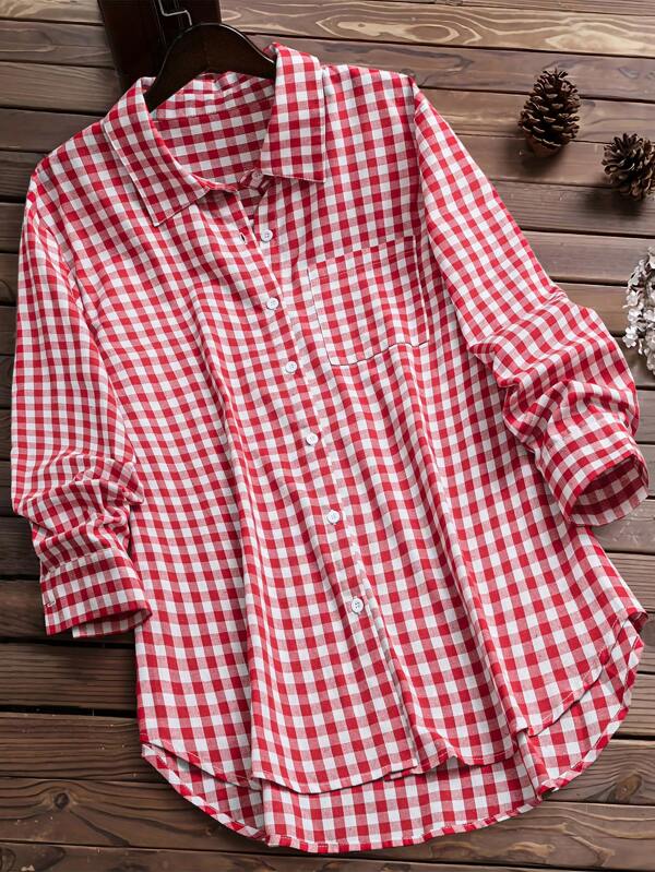 EMERY ROSE Red Plaid Mid-Length 3/4 Sleeve Shirt