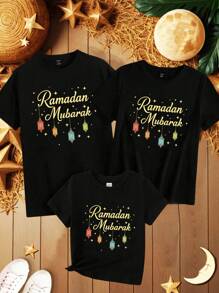 SHEIN LUNE Tricou de damă cu mânecă scurtă, cu model de lună, slăbit, cu gât rotund, potrivit pentru vară - Negru - Vizualizare 1