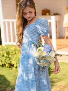 SHEIN Tween 女童蓝白格子纹理面料泡泡袖方领收腰连衣裙，优雅甜美度假乡村风格 - 藍色 - 查看 5