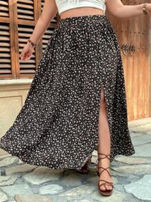 SHEIN VCAY Plus Size Women's Casual Ditsy Floral High Slit Skirt - Multicolor - View 5