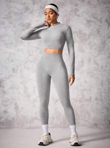 SHEIN Sport Studio Seamless Zipper Front Long Sleeve 3/4 Leggings / Yoga / Sports / High Waist Figure Shapingwomen Workout Set