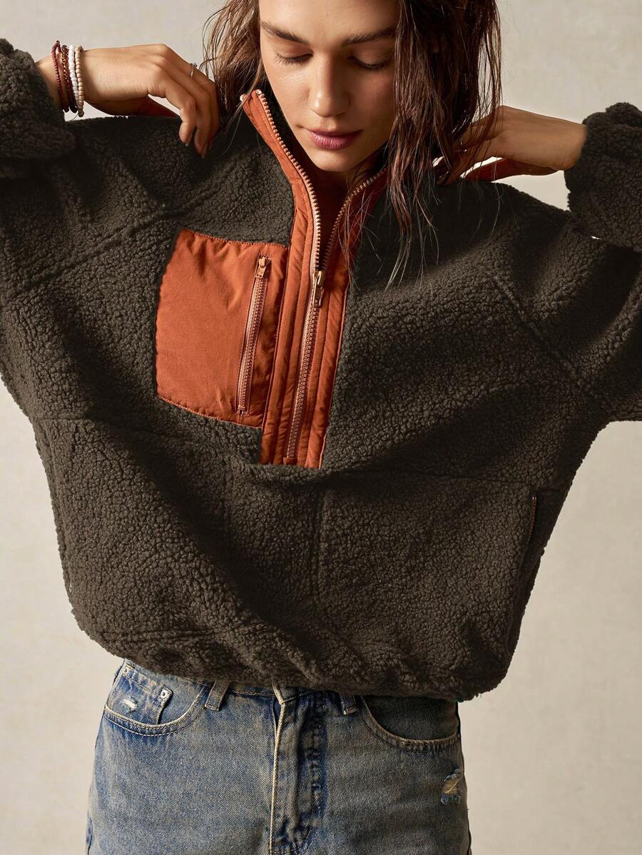 Bohemela Vacation Solid Knitted Raglan Sleeve Half Zip Up Loose Fit Women Hoodie - Brown - View 1