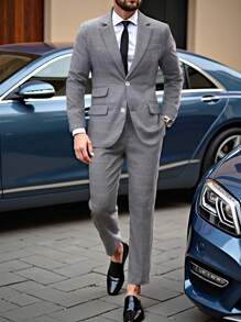 Manfinity Mode Men's Plaid Lapel Neck Long Sleeve Jacket And Pants Suit Set,Boyfriend Gifts - Grey - View 2