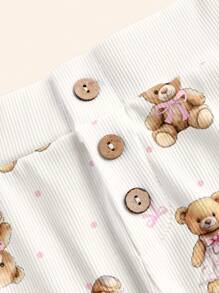 SHEIN ICON Women's Cute Bear & Teddy Bear Ribbed Comfy Lounge Shorts Suitable For Going Out