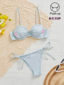 Conjunto de biquíni feminino de alças finas, cor sólida, top e calcinha, férias de verão na praia - Verde - Ver 3