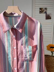 Comfortcana Women's Colorful Striped Printed Casual Long Sleeve Summer Shirt,Long Sleeve Tops - Multicolor - View 3