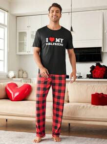 2pcs Men Slogan Graphic Top & Gingham Print Pants Pajama Set, Couples Lounge Wear - Multicolor - View 5