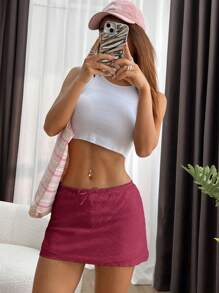 SHEIN EZwear 女士蝴蝶结装饰简约 A 字裙，休闲日常穿着 - 酒紅色 - 查看 4