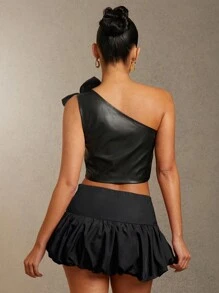 L'Amorae 女士春夏 3D 花卉装饰不对称肩部无袖修身衬衫，适合派对、约会夜服装、狂欢服装节日 - 黑色 - 查看 3