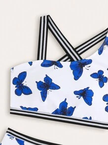 New Stylish Tween Girls Butterfly Print Full Coverage Bikini Swimwear Set - Multicolor - View 3
