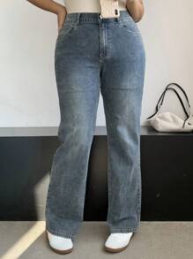 Dazy Petite Plus Stone-Washed Slim Fit Flared Jeans, Suitable For All Seasons - Medium Wash - View 3