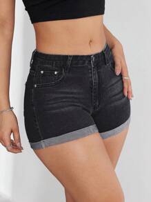 SHEIN EZwear Pantalones cortos vaqueros ajustados de corte casual con puños - Gris - Ver 6