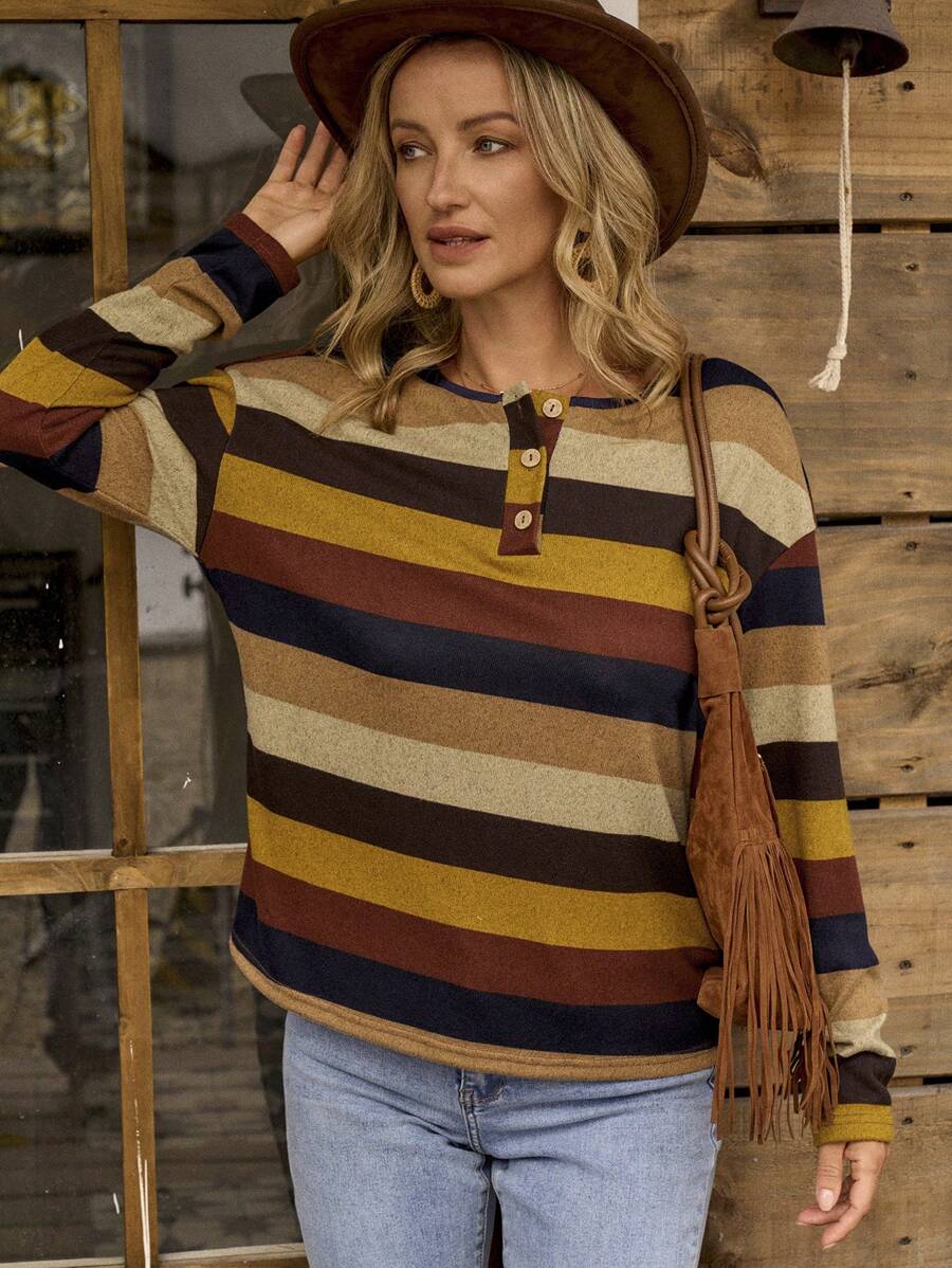 LanaWest Casual Retro Western Style Colorful Striped Long Sleeve T-Shirt For Women - Multicolor - View 1
