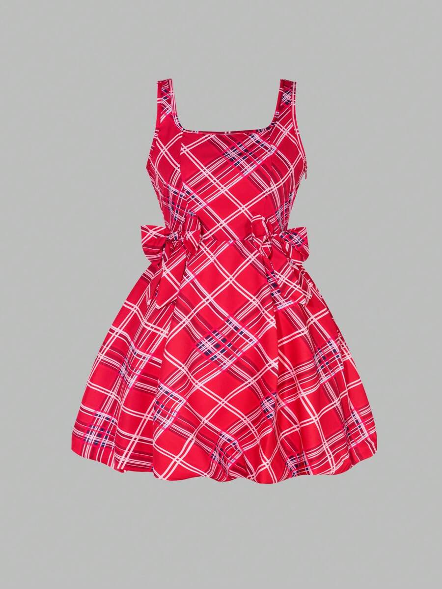 SHEIN 女士时尚甜美英伦风红色格子方领无袖收腰宽松公主裙适合日常穿着 [母女装，单独出售] - 紅色 - 查看 1