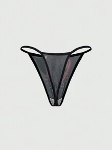 ROMWE Grunge Punk Gothic Punk Style Cat Print Mesh Thong Panties - Multicolor - View 2