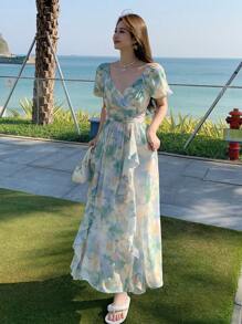 DAZY 女士V领印花荷叶边长连衣裙吊带裙度假装 - 薄荷綠 - 查看 6